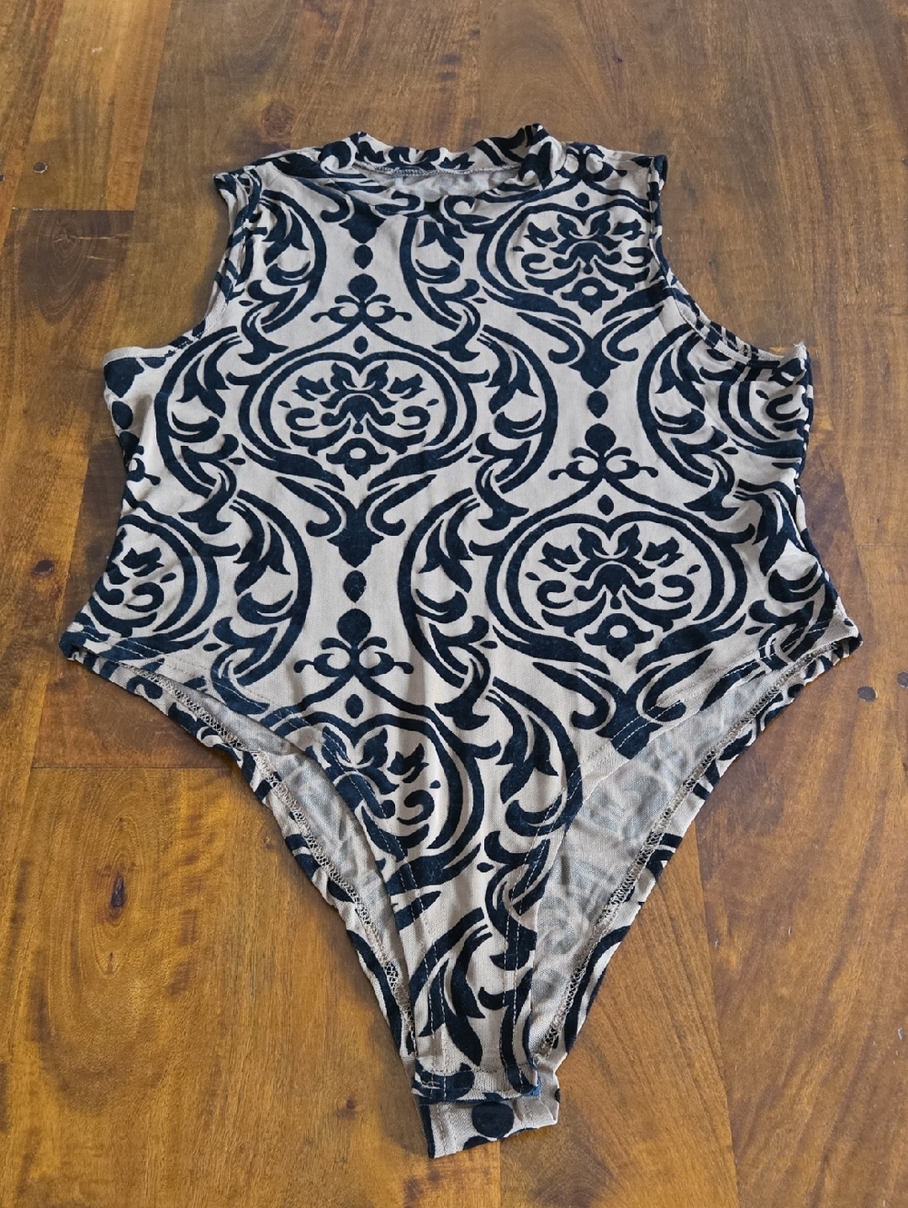 Black Velvet And Tan Damask Mesh Sheer Sleeveless Bodysuit
